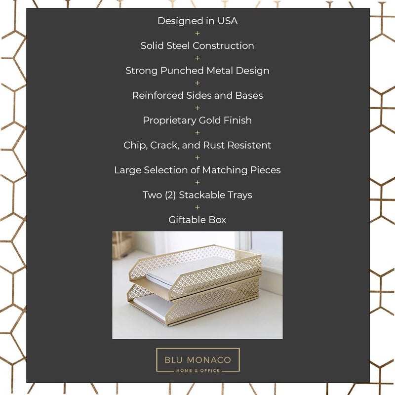 BLU MONACO | Paper Tray Stackable Gold Set of 2 | Stackable File Trays for Desk Organization | Tiered Desk Organizer with Metal Letter Trays - Image 3
